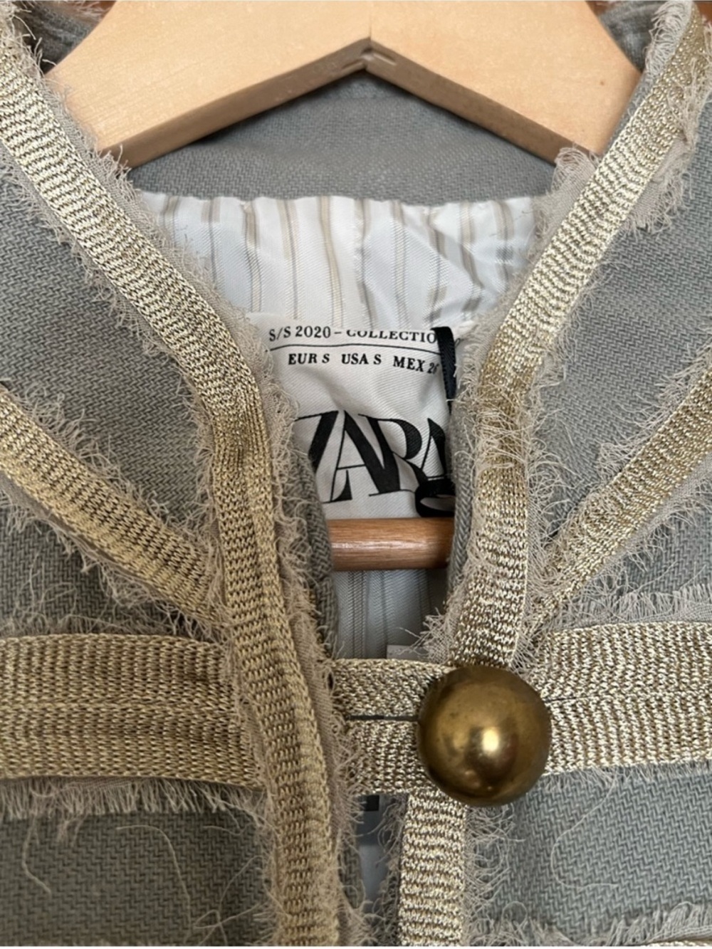Zara Long Military-Style Trench Coat in Sage Green with Cream Trim - Picture 5 of 7